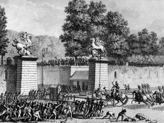 French Revolution: Prince Charles Eugene de Lorraine entering the Tuileries with a detachment of Royal German on 12 July 1789 to repress the first revolutionaries