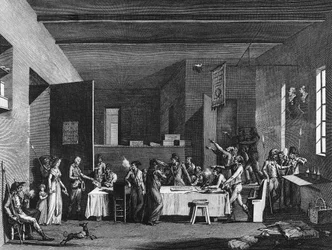 French revolution and anti-revolutionary movement: Interior of a revolutionary committee under terror year 1793-1794. Paris, Library of the Institute of History of Revolution