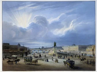 General view of the Louvre with the statue of Henry IV