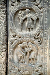 Gothic Art: Pieright of the right-hand portal of the western facade of the Basilica of Saint Denis representing the work of the fields: April (top) and March (bottom). Saint-Denis, France