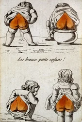Old card to play: the four of heart - Beautiful little children who show their heart-shaped buttocks. Musée de la Carte à Joueur, Issy-les-Moulineaux