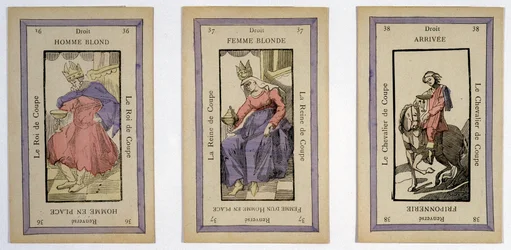 Old cards to play with the king (blond man), the queen (blonde woman) and the rider (finish) cup. Musée de la Carte à Jouier, Issy-les-Moulineaux