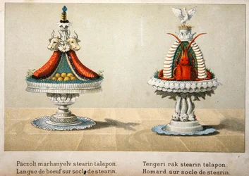 Design for the presentation of ox tongue on a bed of stearin and for lobster, illustration from a Hungarian cookery book on French cooking, c.1880