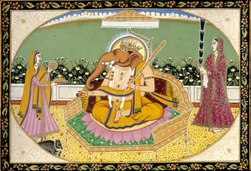 Lord Ganesh with Ridhi and Siddhi Miniature Painting India