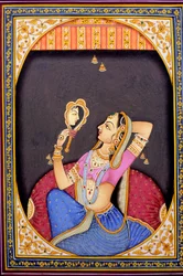 Miniature Painting of Woman Looking in Mirror