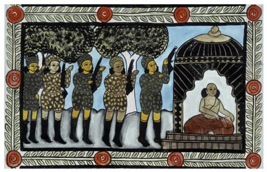 The story of the attacks of 11 September 2001 told by the peddlers Baul from Bengal. Painting, series, number 2/9, Bengal.