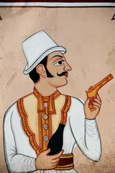 Wall Painting of British Soldier Holding Pistol, Jaipur, Rajasthan, India