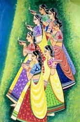Women Holding Oil Lamp Miniature Painting, India