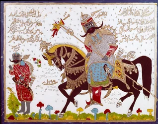 Islamic Art Glass painting depicting the history of Antar (Antar ibn Shaddad) Arab pre-Islamic poet of the 6th century. Syria, Damascus, Azem Palace or Azm