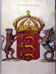 Coat of arms of the British royal family decorates a crown, a lion, and a fantastic creature. State Archive, Milan