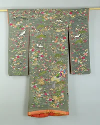 Grey robe decorated with flowers and birds, Japanese