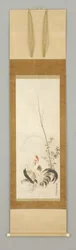 Kakemono, rooster and hen with flowers