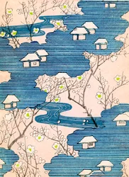 Pattern for a Kimono Design: Cottages with Rivers and Cherry Blossoms