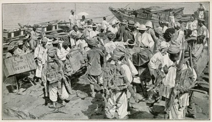 Korean Porters in Chemulpo Harbour, Unloading Junks - Illustration after 19th Century Photography by J. de Pange, From Travel in Korea by Doctor Hagen