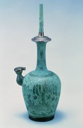 Kundika inlaid with design depicting birds and a tree in silver, Koryo Dynasty, 918-1392 AD