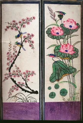 Two Panels of an Eight Fold Screen Depicting Birds and Flowers