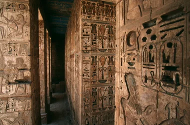 Mortuary Temple of Ramses III. Detail of Columns and Walls Carved with Figures and Hieroglyphs