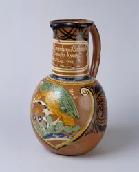 Folk art: pulque jar (fermented agave alcohol) in painted and varnished terracotta, from Mexico. 1972 Musee de la Vallee, Barcelonnette (Alpes de Haute Provence)