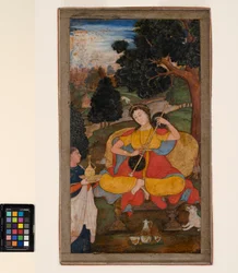 A seated woman plays the vina, waited upon by a servant, c.1590