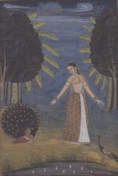 Kakubha Ragini: A Lady Stands in a Glade Feeding Two Peacocks