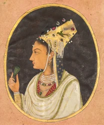 Oval portrait of a woman in a Chaghtai hat, c. 1740-50