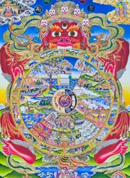 Wheel of Life Mandala, depicting the Kalachakra or deluded existence held in the mouth of Yama, the god of death representing birth, death and rebirth