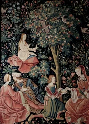 The curtain of the Seigneuriale Life: Scenes Gallant Wool and silk tapestry made around 1520 in the Netherlands. Paris, national museum of the Middle Ages, Thermes de Cluny