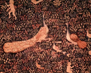 The Curtain of the Seigneuriale Life: Detail Depicting Birds, Peacock
