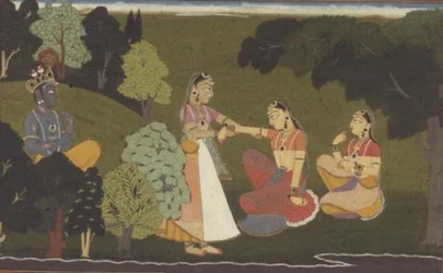 A confidante entreats Radha to meet Krishna, illustration from the 