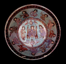 Polychrome Conical Bowl on a Blue Background Depicting a Prince Sitting on His Throne Between Two Pages