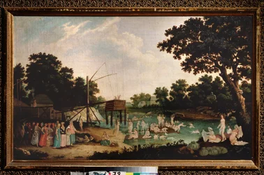 Healing bath in Moscow. (Thermal bath: numerous nude women bathe near a traditional sauna building. A group of clothed people join them, with shy children). Painting by a Russian master, oil on canvas, late 18th century