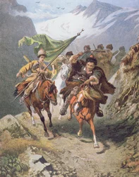 Cossacks of the Caucasus return from a raid on a settlement of Muslim cossacks with a captured crescent banner