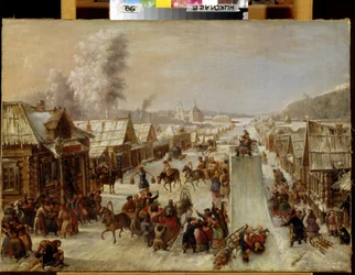 Shrovetide. Scene of traditional festivities and popular celebrations in a snowy street of a small town with wooden houses. A sledding track has been laid out, and the inhabitants drink and greet each other cheerfully. Anonymous painting