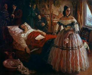 The Russian poet Alexander Pushkin on his deathbed surrounded by his wife Natalia Gontcharova, and his friends