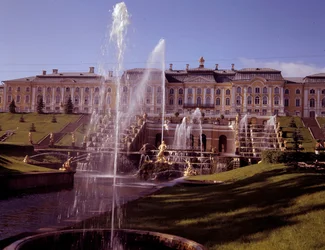 View of the large waterfall of the castle of Peterhof, realized under Peter the Great near Saint Petersburg, Russia