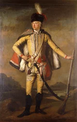 Portrait of John Lindsay, 20th Earl of Crawford and Lindsay, full length, in Hussar Uniform, holding a Flintlock Musket, a Landscape beyond
