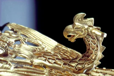 Detail of a headband with a Griffin holding a goat
