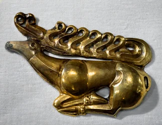 Scythian art: shield emblem in the shape of a deer. Gold object from the end of the 7th, beginning of the 6th century BC. Saint Petersburg, Hermitage Museum