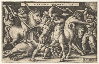 Hercules with His Club in Center Fighting a Centaur, Other Men Fighting Centaurs to Left