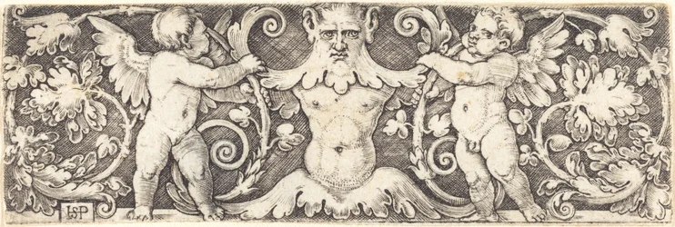 Ornament with Male Half Figure Between Two Genii