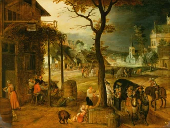 Village with Travellers taking Refreshments at an Inn