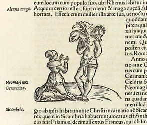 A witch summons a three headed demon, from 1550 edition of Cosmographia by Sebastian Munster