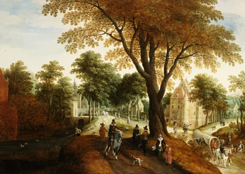 Elegant Horsemen and Figures on a Path in Front of a Chateau