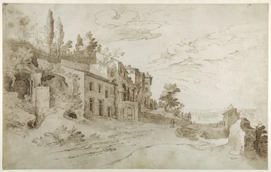 Houses among the ruins with a distant view of Rome
