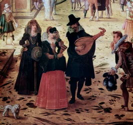 Landscape with the Villa Medici in Rome, Italy. Detail: Elegant walkers and musicians in the park. 17th century, Naples, Museo Nazionale di Capodimonte