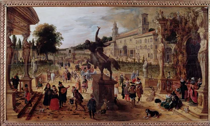 Landscape with the Villa Medici in Rome, Italy. Elegant walkers and musicians in the park. 17th century, Naples, Museo Nazionale di Capodimonte