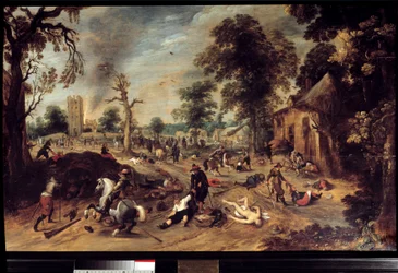 Looting in a Village. A Group of Horsemen Looted and Slaughtered the Inhabitants of a Village, the Body of a Naked Woman Lies on the Ground, Another is Dragged by the Hair. Painting by Sebastien Vrancx