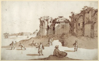 Young men playing pelota inside the Baths of Diocletian; S. Bernardino in the distance; the long wall of Bellaiani