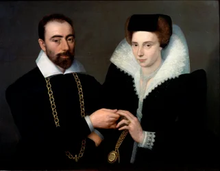 Portrait of a Couple. Both are wearing black, the woman wears a guipure collar. Painting of the School of Fontainebleau