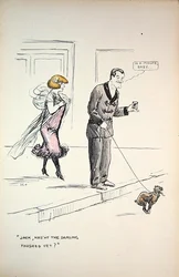 Couple waiting for a dog to finish its business, c.1921